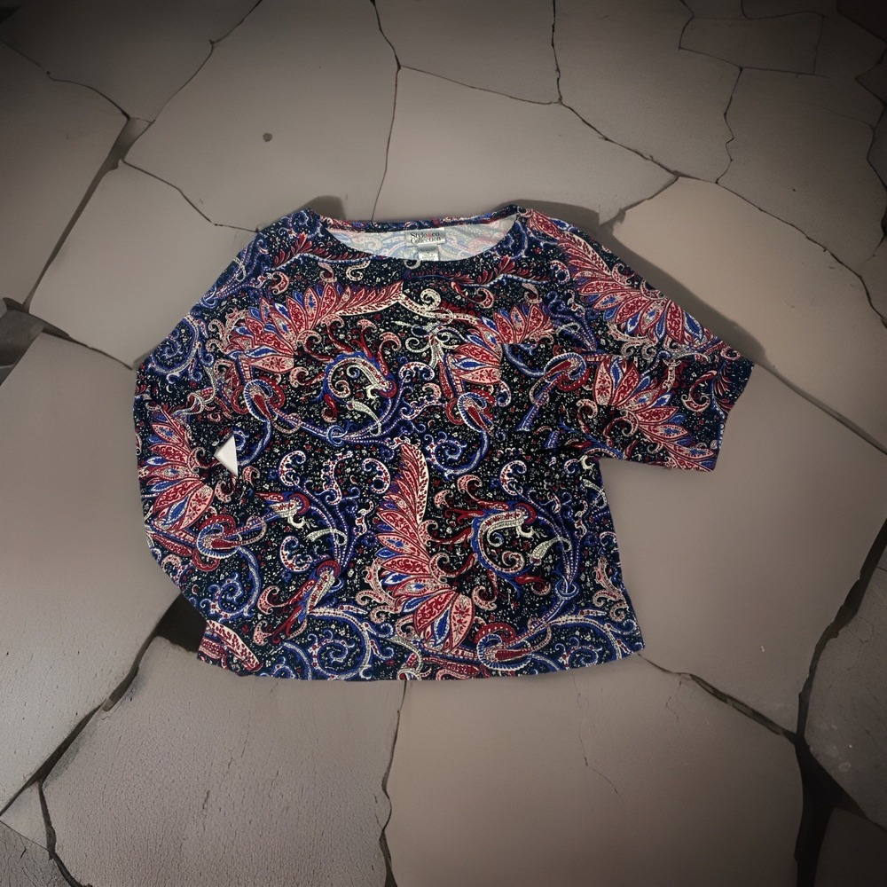Style & Co Medium Blouse Long‎ Sleeve 92% Polyester Paisley Red Black Purple